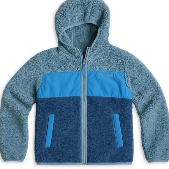 Eddie Bauer Quest Fleece Plush Hooded Jacket Boys M 10 12 Blue Gray Striped - Picture 1 of 10